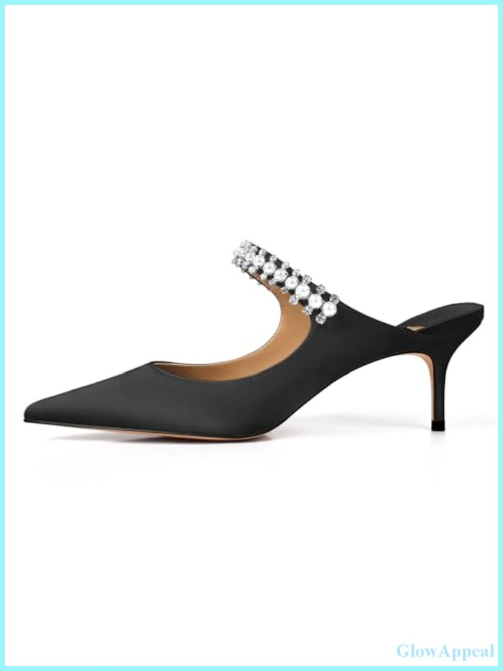Rhinestone Kitten Heel Mules for Women Satin Crystal Pointed Toe Slip On